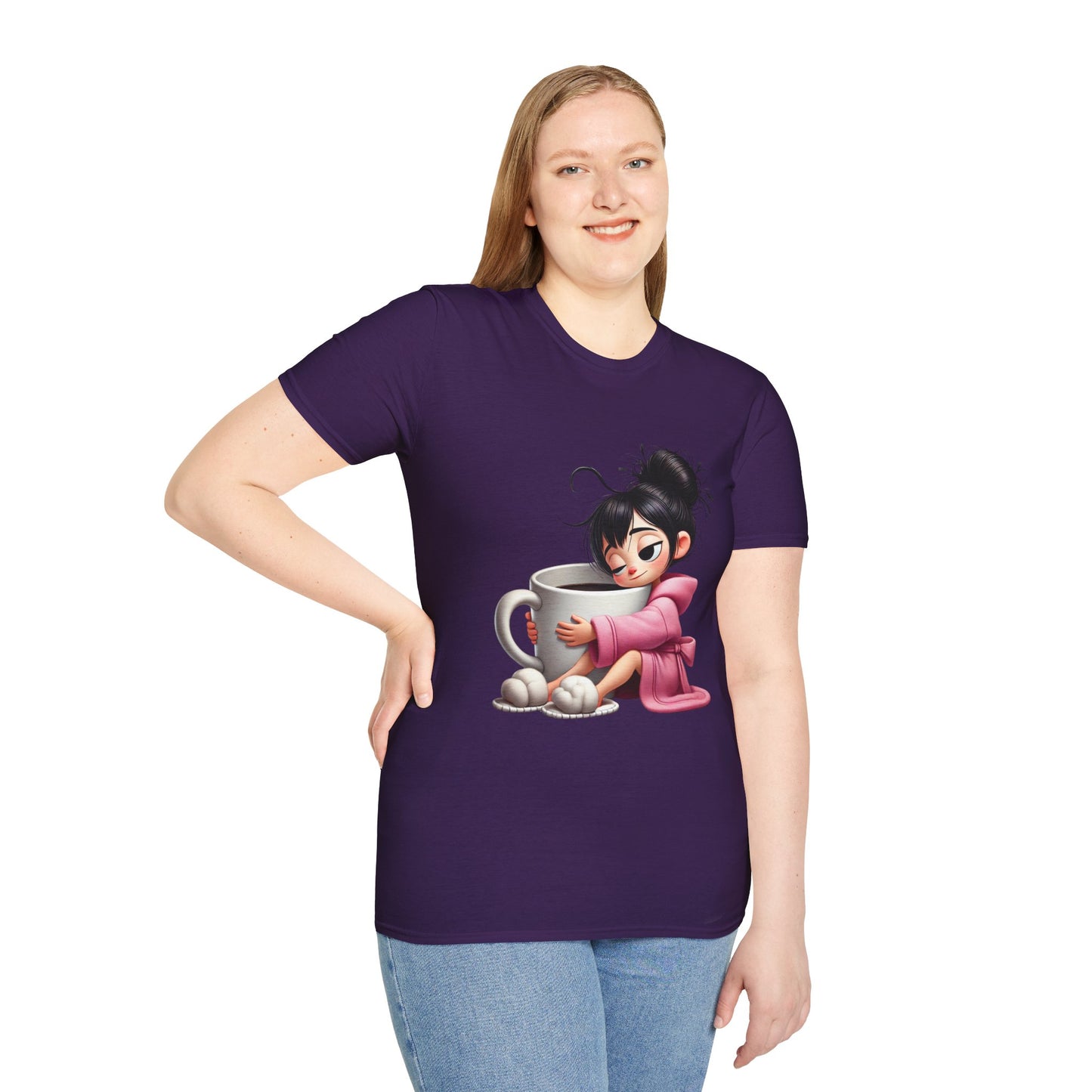 Funny Coffee T-Shirt – Tired Girl Hugging Coffee Cup Graphic Tee | Unisex Soft Cotton