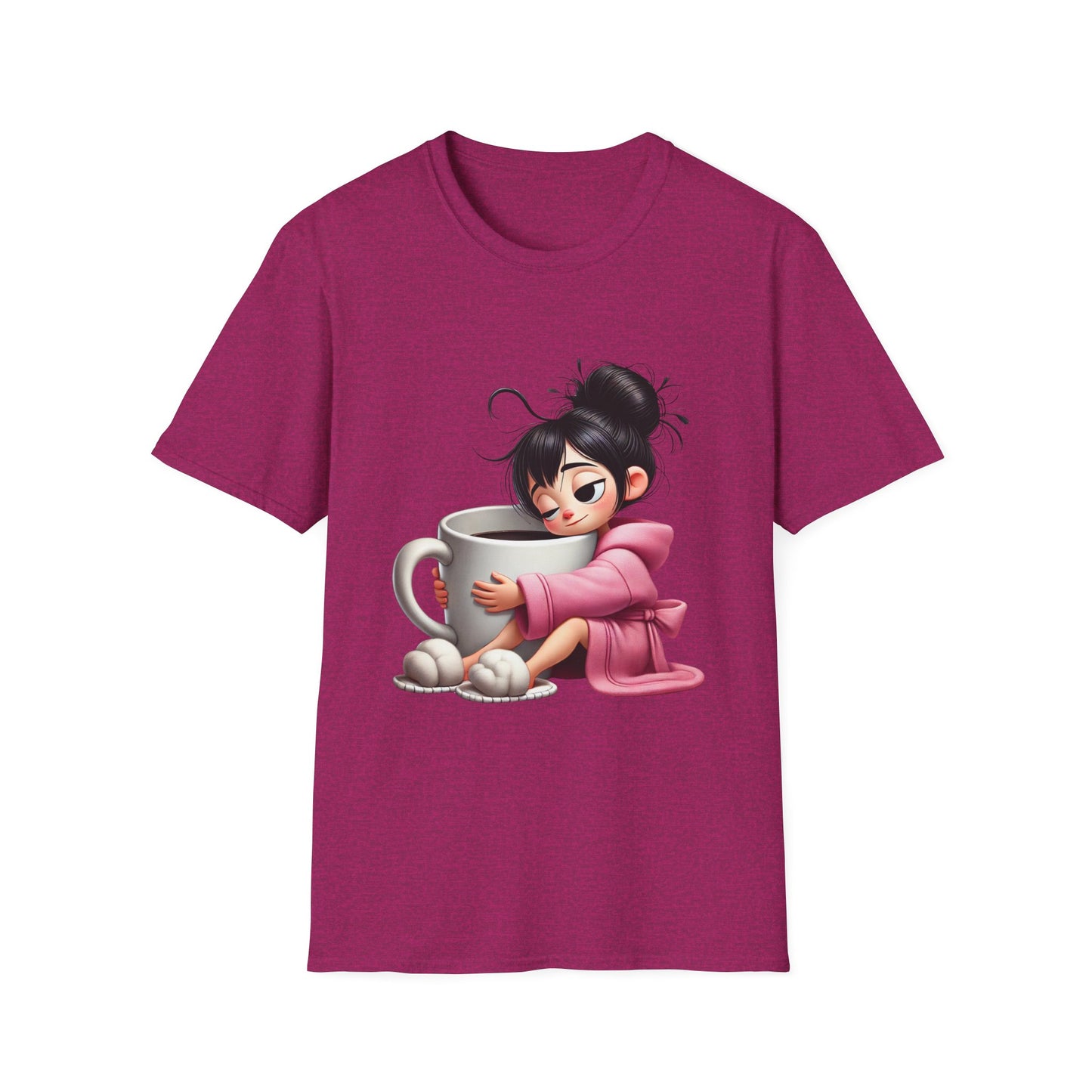 Funny Coffee T-Shirt – Tired Girl Hugging Coffee Cup Graphic Tee | Unisex Soft Cotton