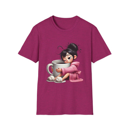 Funny Coffee T-Shirt – Tired Girl Hugging Coffee Cup Graphic Tee | Unisex Soft Cotton
