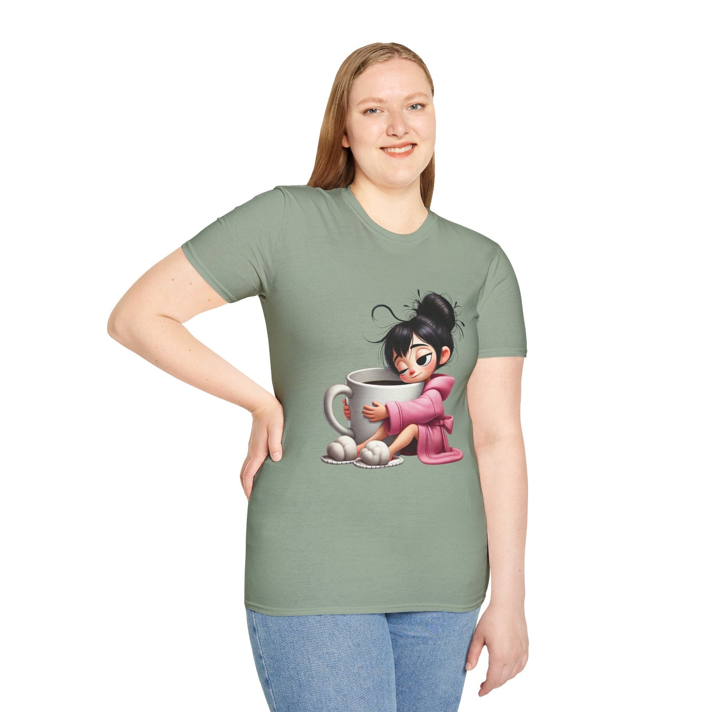 Funny Coffee T-Shirt – Tired Girl Hugging Coffee Cup Graphic Tee | Unisex Soft Cotton