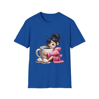Funny Coffee T-Shirt – Tired Girl Hugging Coffee Cup Graphic Tee | Unisex Soft Cotton
