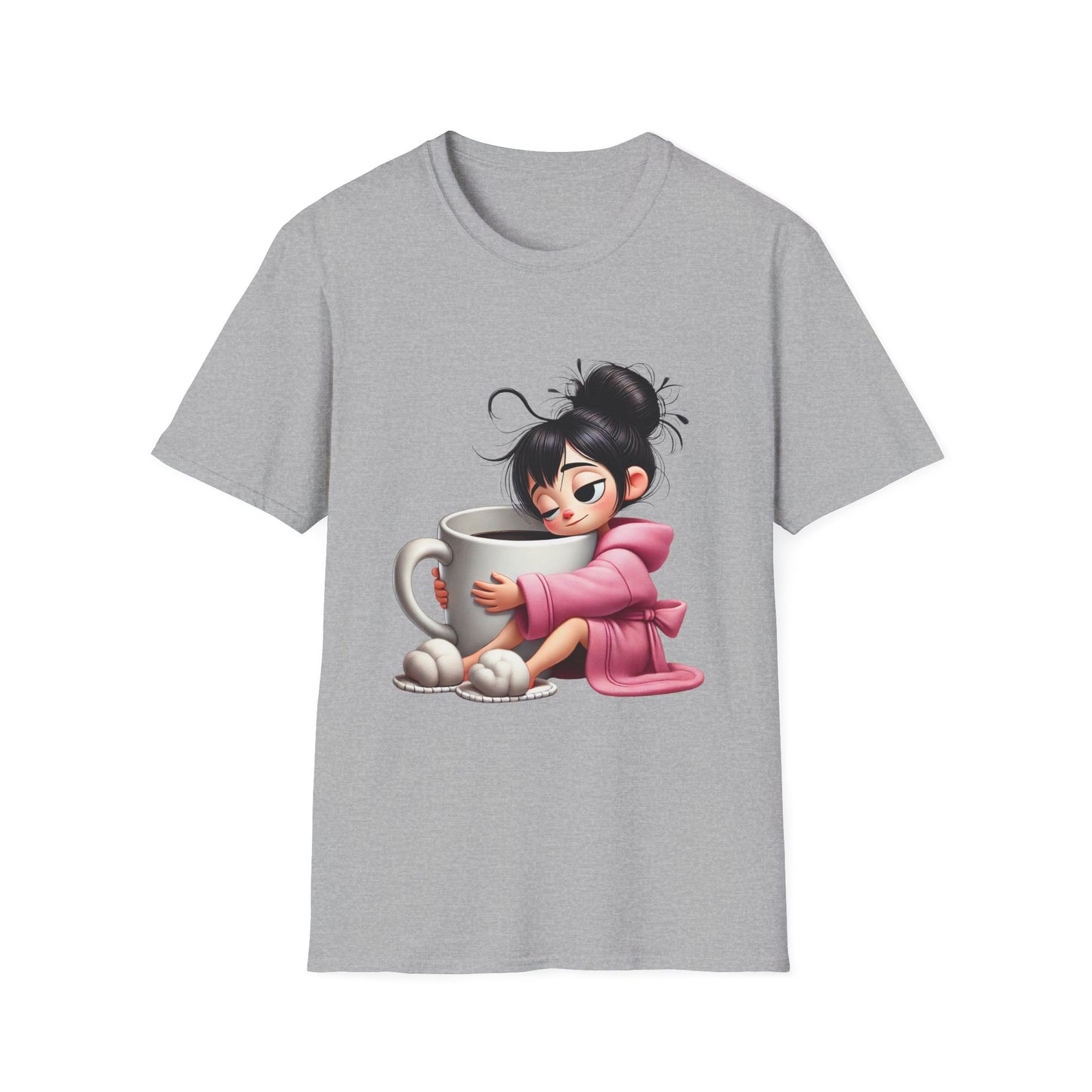 Funny Coffee T-Shirt – Tired Girl Hugging Coffee Cup Graphic Tee | Unisex Soft Cotton