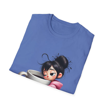 Funny Coffee T-Shirt – Tired Girl Hugging Coffee Cup Graphic Tee | Unisex Soft Cotton