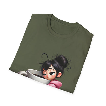Funny Coffee T-Shirt – Tired Girl Hugging Coffee Cup Graphic Tee | Unisex Soft Cotton