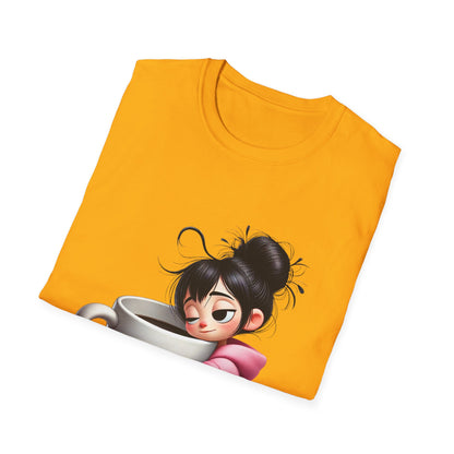 Funny Coffee T-Shirt – Tired Girl Hugging Coffee Cup Graphic Tee | Unisex Soft Cotton