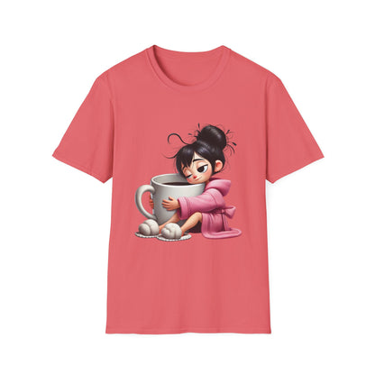 Funny Coffee T-Shirt – Tired Girl Hugging Coffee Cup Graphic Tee | Unisex Soft Cotton
