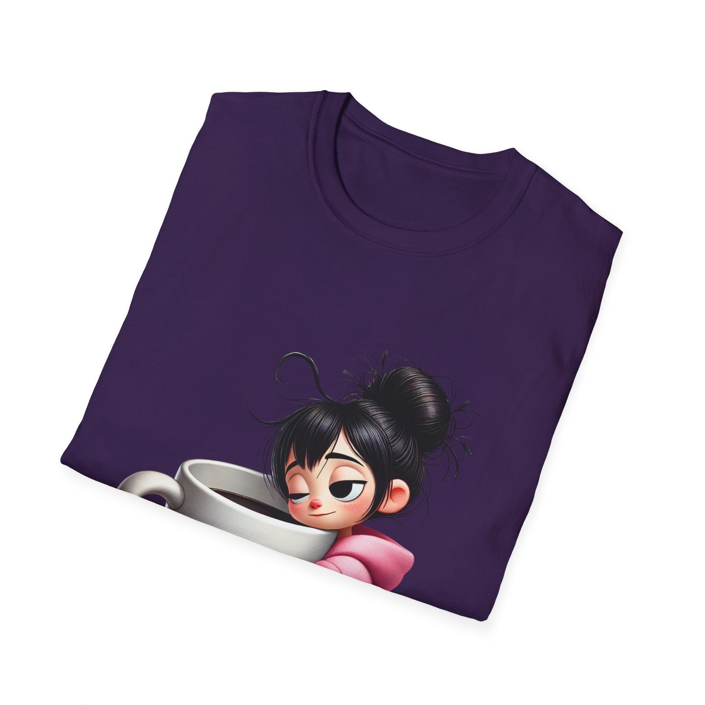Funny Coffee T-Shirt – Tired Girl Hugging Coffee Cup Graphic Tee | Unisex Soft Cotton