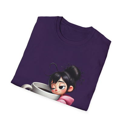 Funny Coffee T-Shirt – Tired Girl Hugging Coffee Cup Graphic Tee | Unisex Soft Cotton