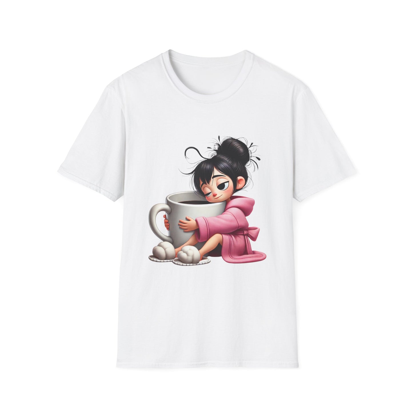 Funny Coffee T-Shirt – Tired Girl Hugging Coffee Cup Graphic Tee | Unisex Soft Cotton