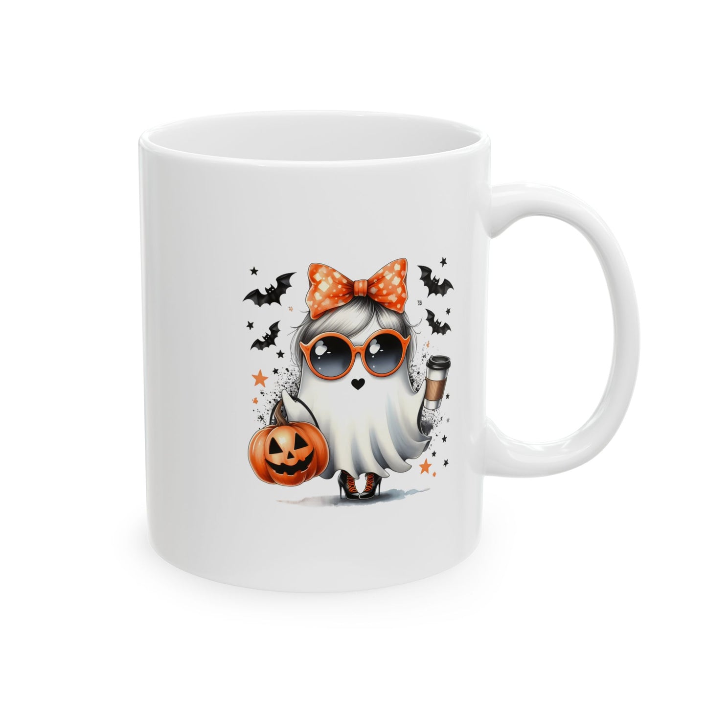 HN - Cute Ghost Bow Coffee | Ceramic Mug, (11oz, 15oz)