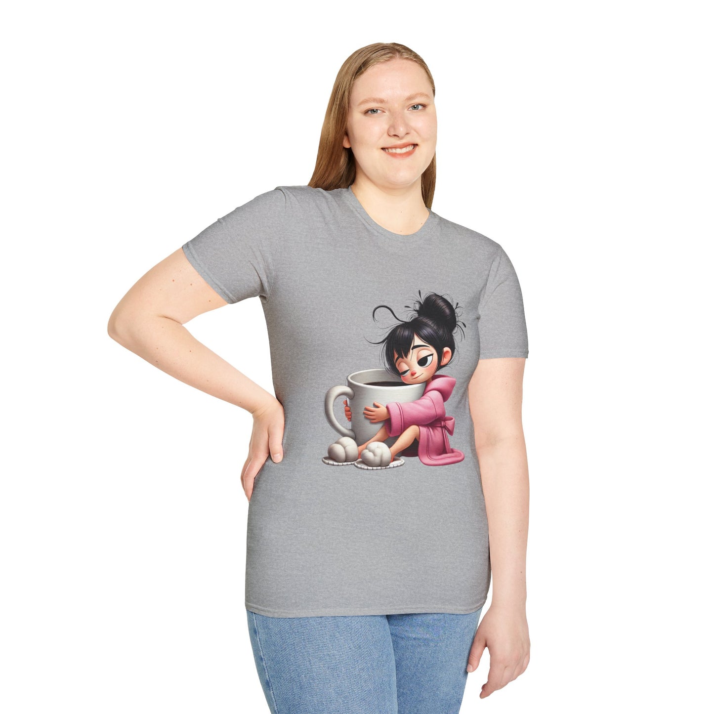 Funny Coffee T-Shirt – Tired Girl Hugging Coffee Cup Graphic Tee | Unisex Soft Cotton
