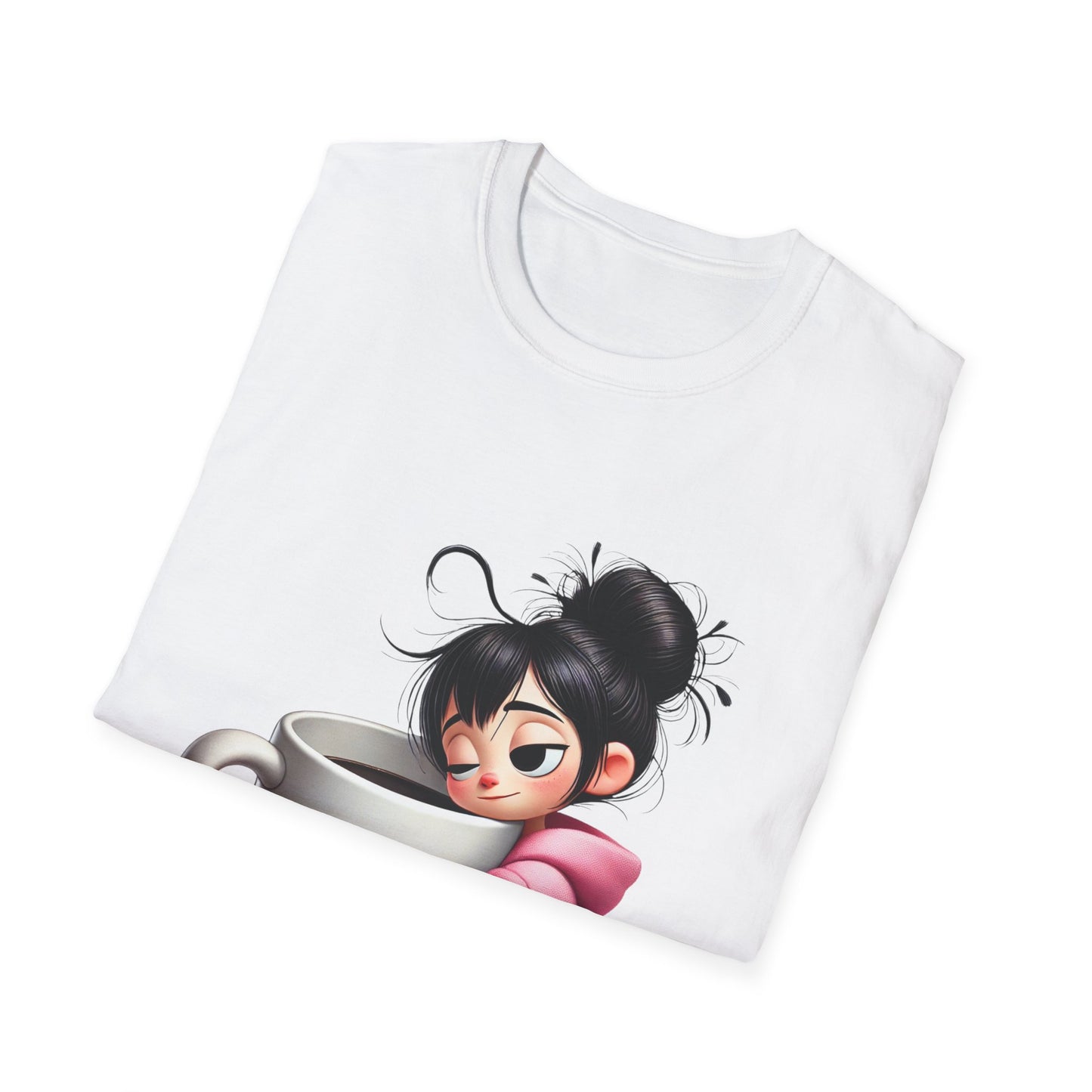 Funny Coffee T-Shirt – Tired Girl Hugging Coffee Cup Graphic Tee | Unisex Soft Cotton