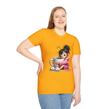 Funny Coffee T-Shirt – Tired Girl Hugging Coffee Cup Graphic Tee | Unisex Soft Cotton