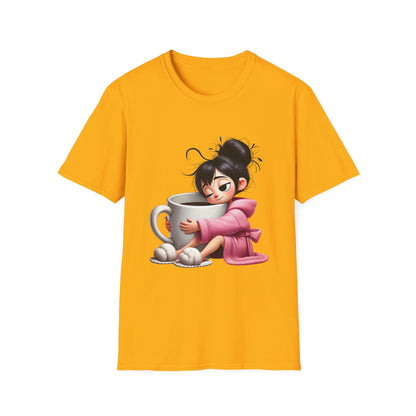 Funny Coffee T-Shirt – Tired Girl Hugging Coffee Cup Graphic Tee | Unisex Soft Cotton