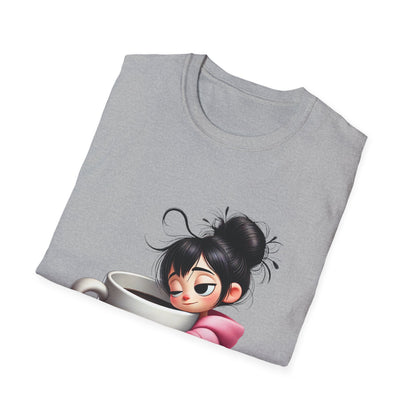Funny Coffee T-Shirt – Tired Girl Hugging Coffee Cup Graphic Tee | Unisex Soft Cotton