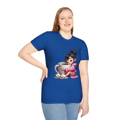 Funny Coffee T-Shirt – Tired Girl Hugging Coffee Cup Graphic Tee | Unisex Soft Cotton