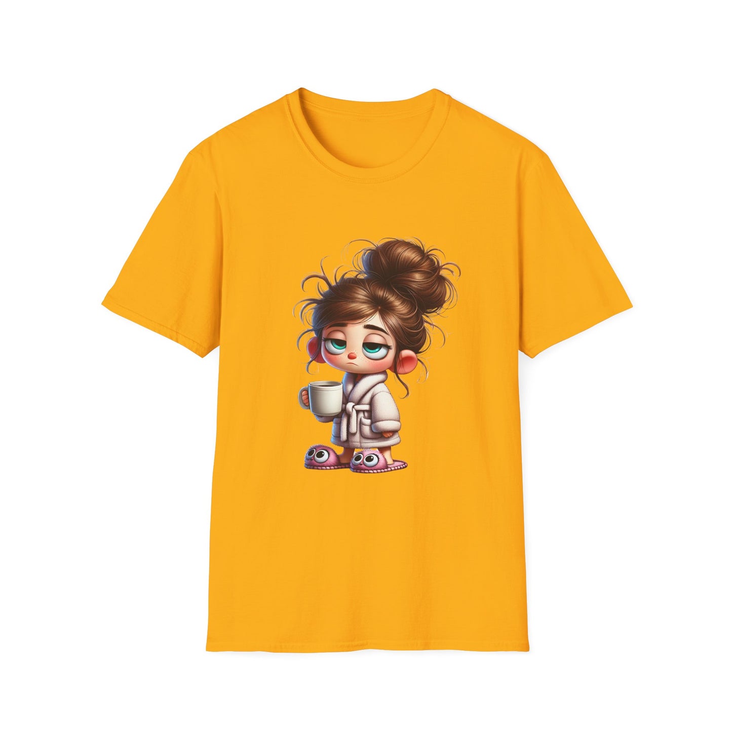 Funny Coffee Shirt – Sleepy Girl in Robe & Slippers with Coffee Cup | Unisex Soft Cotton Tee