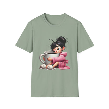 Funny Coffee T-Shirt – Tired Girl Hugging Coffee Cup Graphic Tee | Unisex Soft Cotton