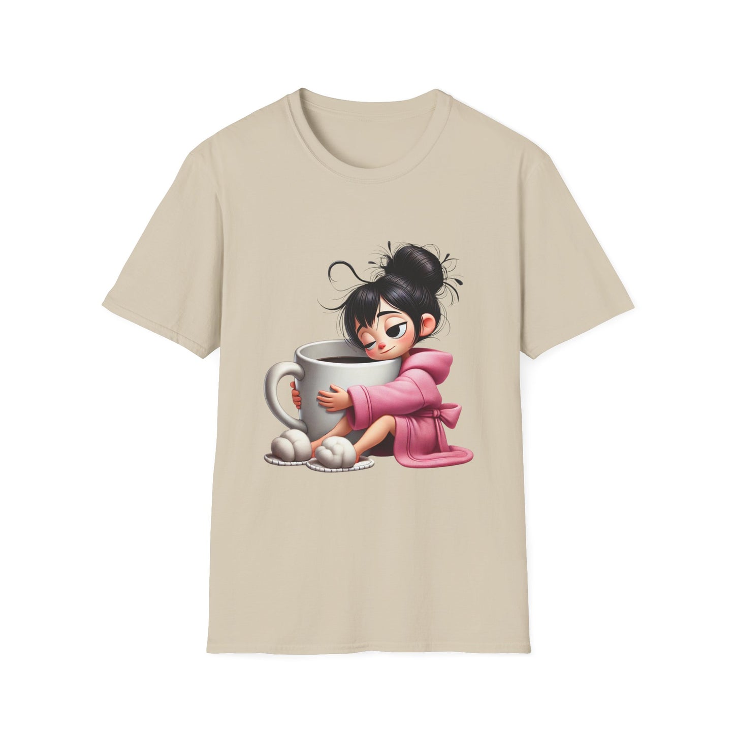 Funny Coffee T-Shirt – Tired Girl Hugging Coffee Cup Graphic Tee | Unisex Soft Cotton