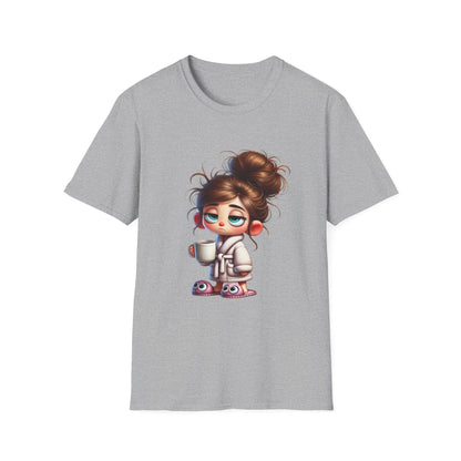 Funny Coffee Shirt – Sleepy Girl in Robe & Slippers with Coffee Cup | Unisex Soft Cotton Tee