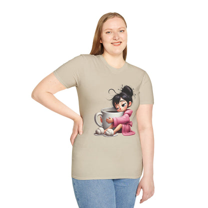 Funny Coffee T-Shirt – Tired Girl Hugging Coffee Cup Graphic Tee | Unisex Soft Cotton