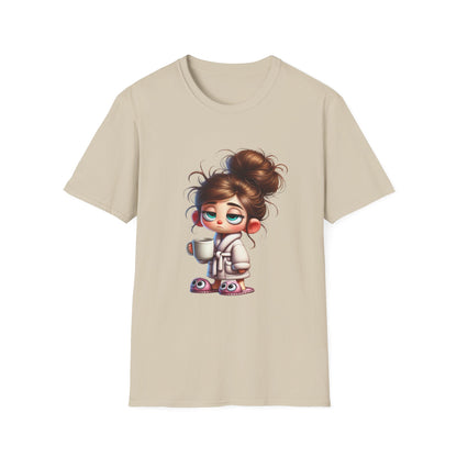 Funny Coffee Shirt – Sleepy Girl in Robe & Slippers with Coffee Cup | Unisex Soft Cotton Tee