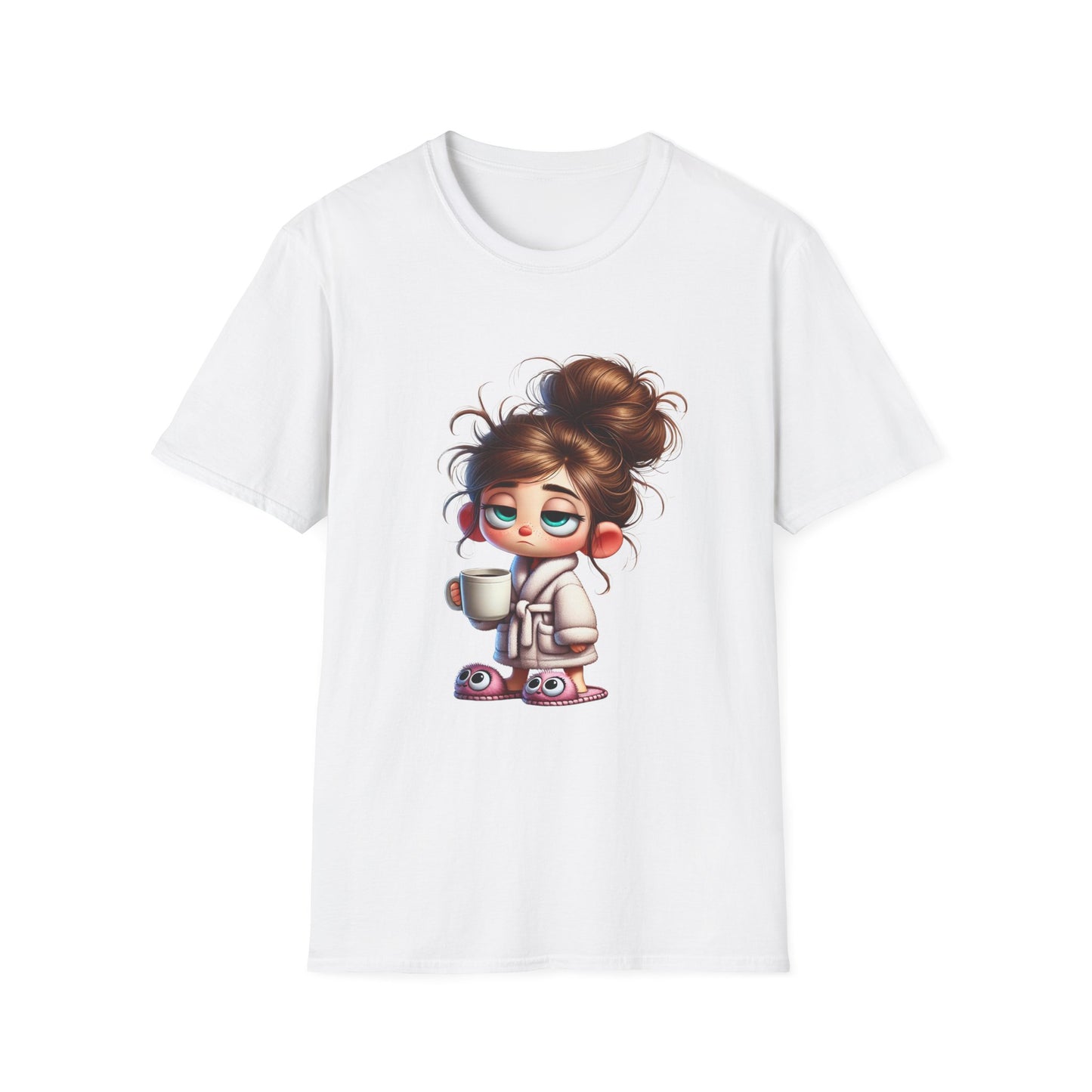 Funny Coffee Shirt – Sleepy Girl in Robe & Slippers with Coffee Cup | Unisex Soft Cotton Tee