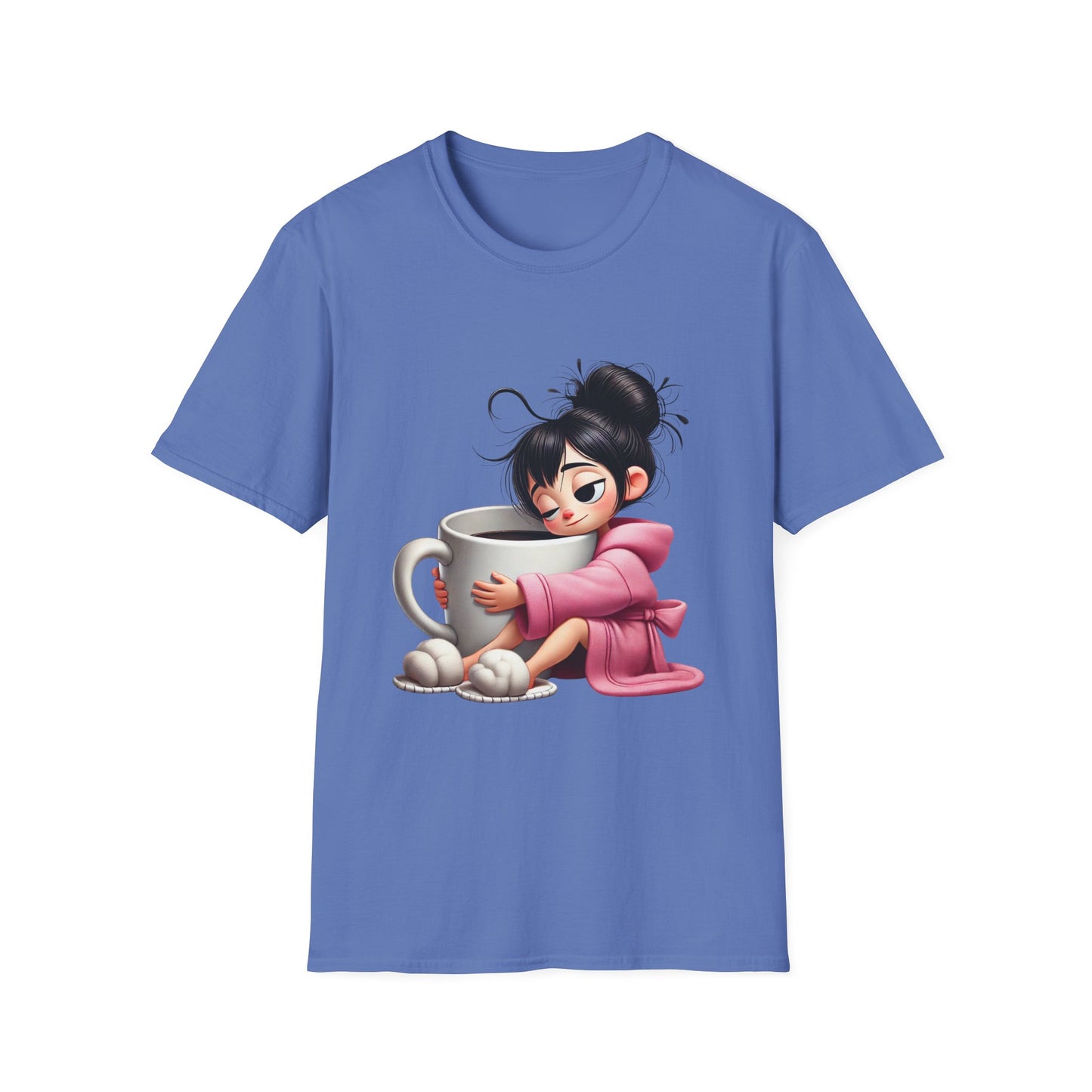 Funny Coffee T-Shirt – Tired Girl Hugging Coffee Cup Graphic Tee | Unisex Soft Cotton