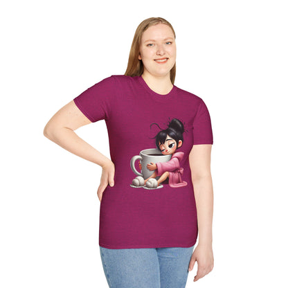 Funny Coffee T-Shirt – Tired Girl Hugging Coffee Cup Graphic Tee | Unisex Soft Cotton