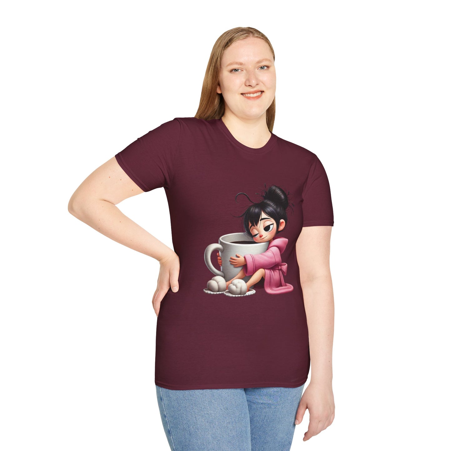 Funny Coffee T-Shirt – Tired Girl Hugging Coffee Cup Graphic Tee | Unisex Soft Cotton