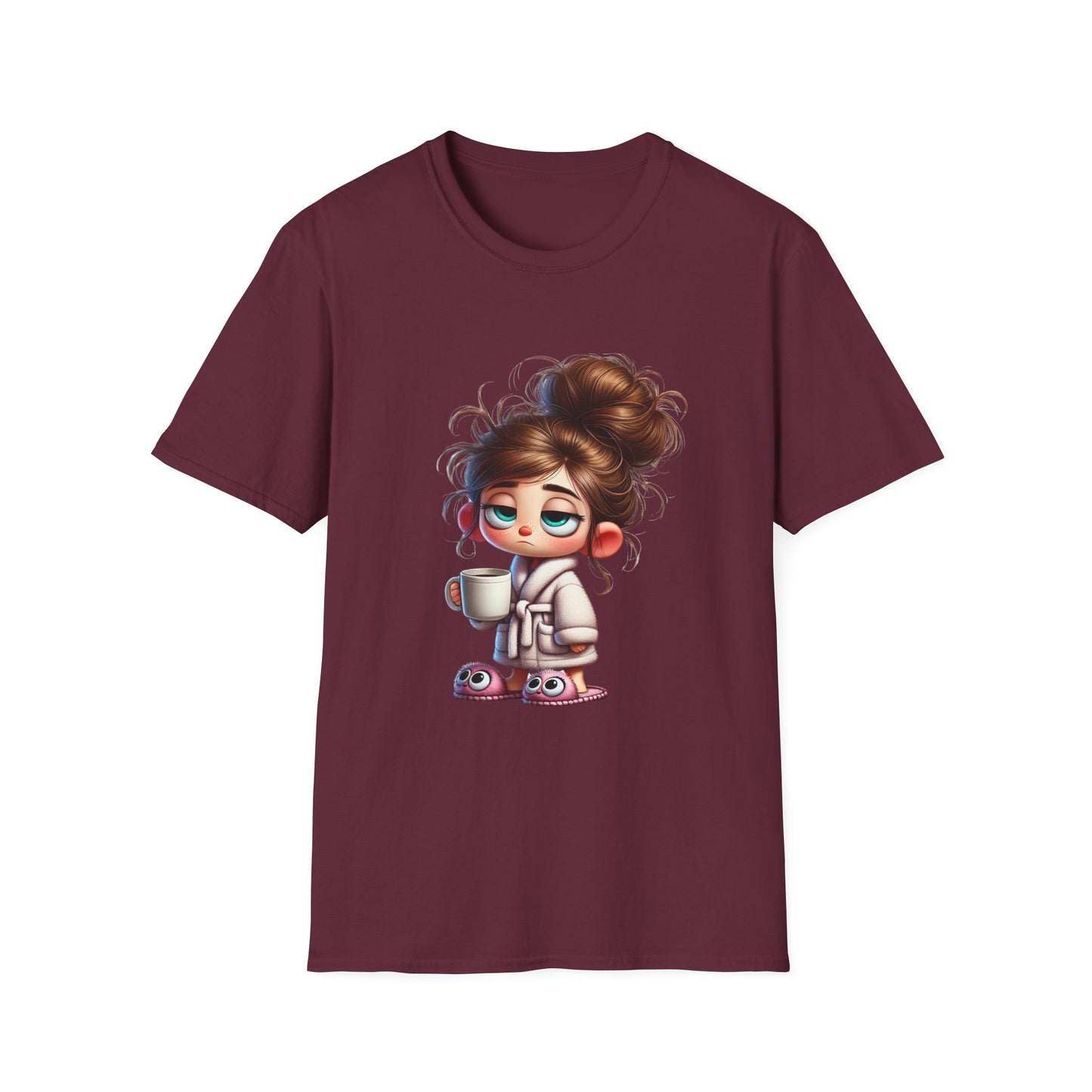 Funny Coffee Shirt – Sleepy Girl in Robe & Slippers with Coffee Cup | Unisex Soft Cotton Tee