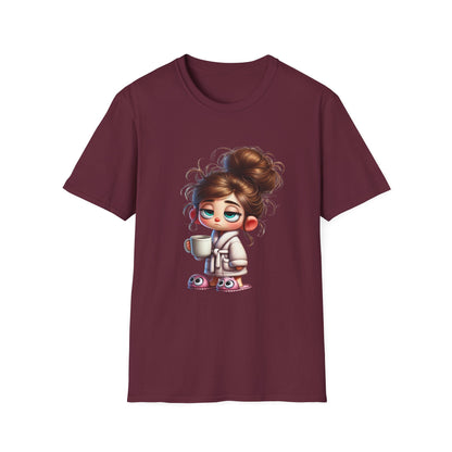 Funny Coffee Shirt – Sleepy Girl in Robe & Slippers with Coffee Cup | Unisex Soft Cotton Tee