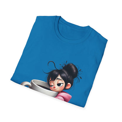 Funny Coffee T-Shirt – Tired Girl Hugging Coffee Cup Graphic Tee | Unisex Soft Cotton