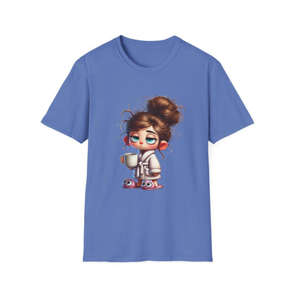 Funny Coffee Shirt – Sleepy Girl in Robe & Slippers with Coffee Cup | Unisex Soft Cotton Tee