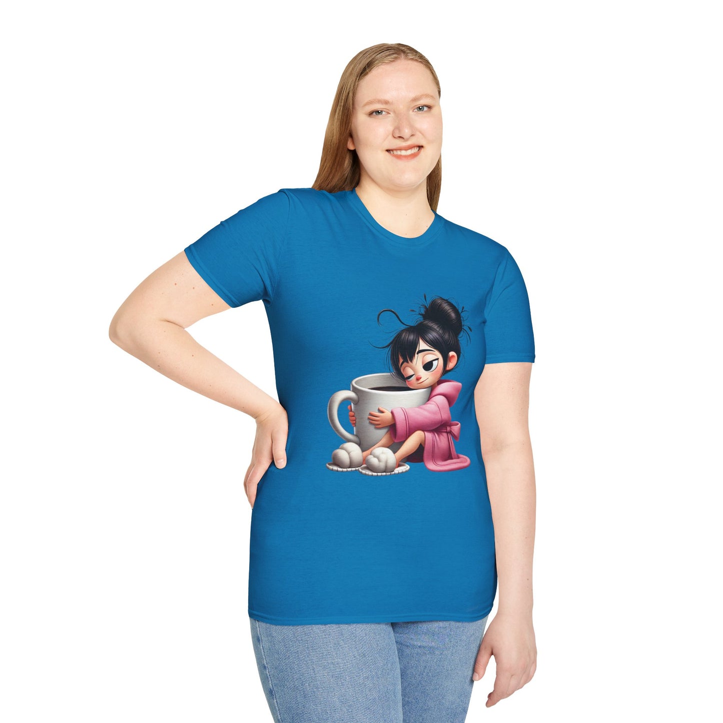 Funny Coffee T-Shirt – Tired Girl Hugging Coffee Cup Graphic Tee | Unisex Soft Cotton