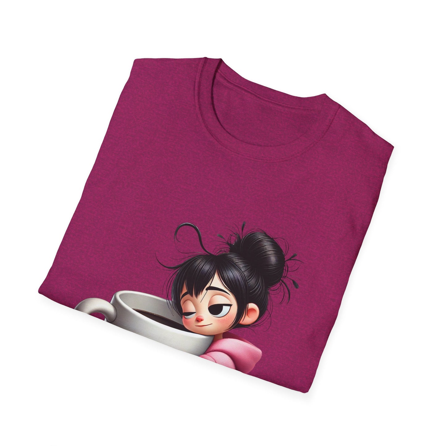 Funny Coffee T-Shirt – Tired Girl Hugging Coffee Cup Graphic Tee | Unisex Soft Cotton