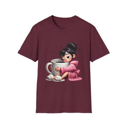 Funny Coffee T-Shirt – Tired Girl Hugging Coffee Cup Graphic Tee | Unisex Soft Cotton