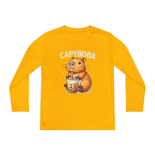 Capyboba Youth Long Sleeve T-Shirt – Cute Capybara Boba Drink Tee – Funny Animal Meme Shirt for Kids