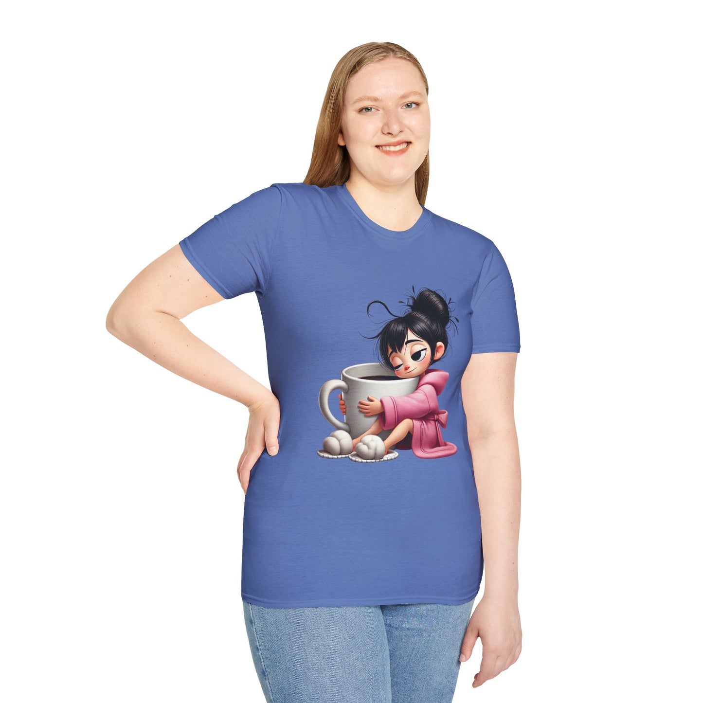 Funny Coffee T-Shirt – Tired Girl Hugging Coffee Cup Graphic Tee | Unisex Soft Cotton