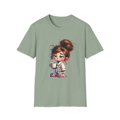 Funny Coffee Shirt – Sleepy Girl in Robe & Slippers with Coffee Cup | Unisex Soft Cotton Tee