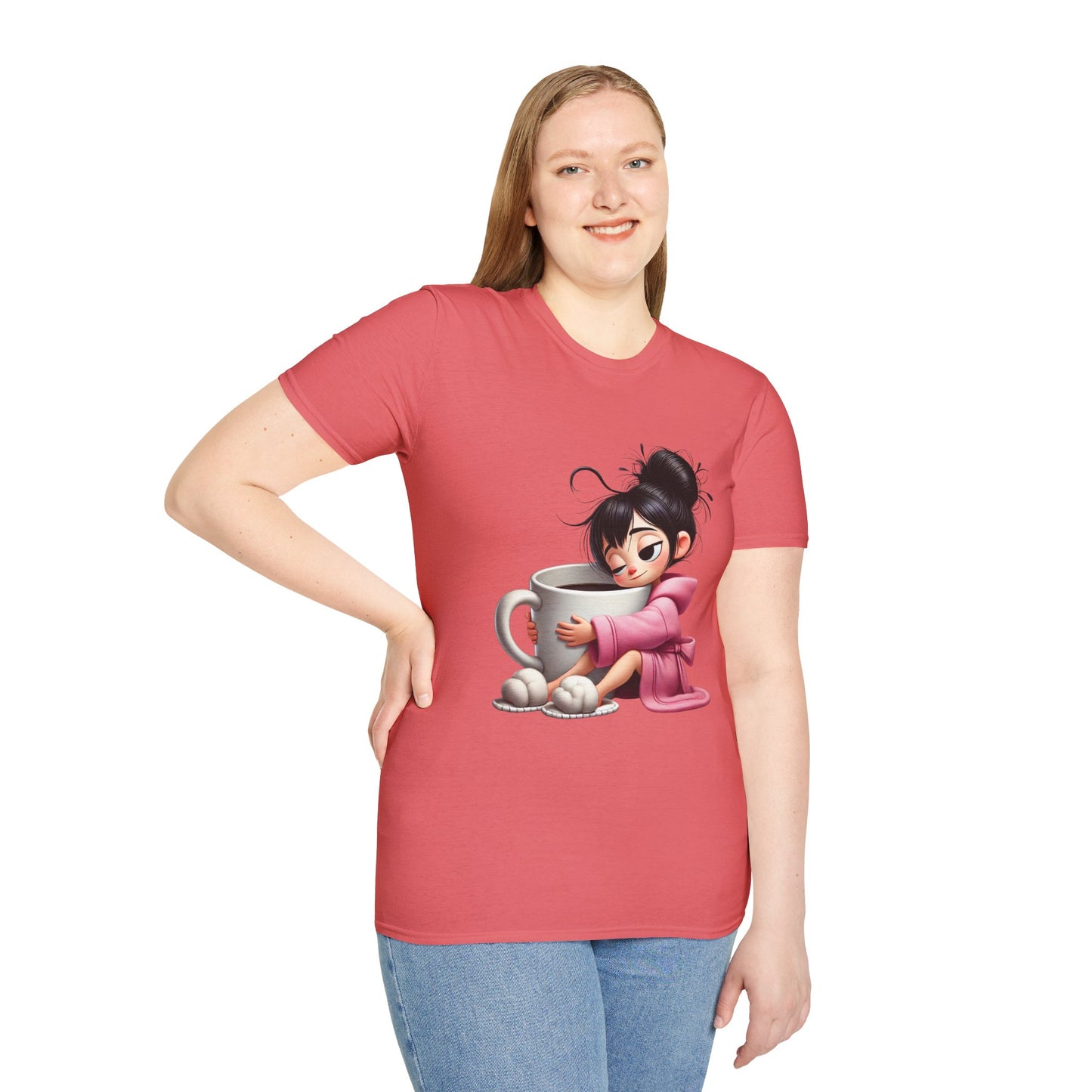 Funny Coffee T-Shirt – Tired Girl Hugging Coffee Cup Graphic Tee | Unisex Soft Cotton