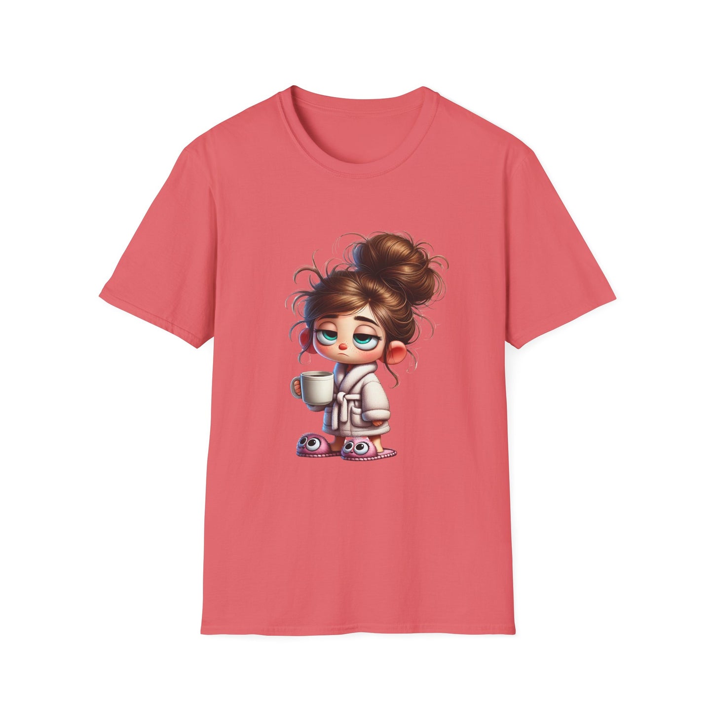 Funny Coffee Shirt – Sleepy Girl in Robe & Slippers with Coffee Cup | Unisex Soft Cotton Tee