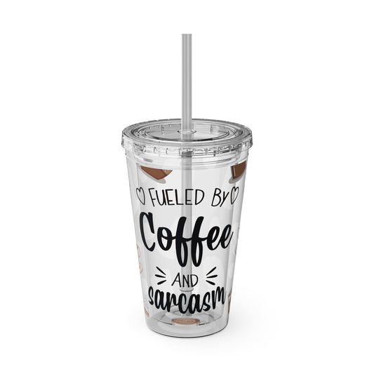 Fueled by Coffee and Sarcasm Tumbler | 16oz Acrylic Cup with Lid & Straw for On-the-Go Humor