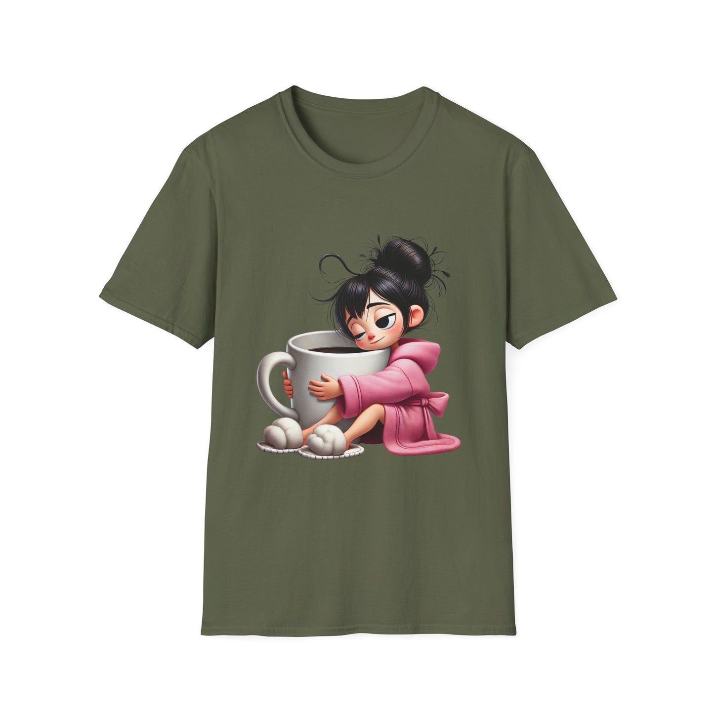 Funny Coffee T-Shirt – Tired Girl Hugging Coffee Cup Graphic Tee | Unisex Soft Cotton
