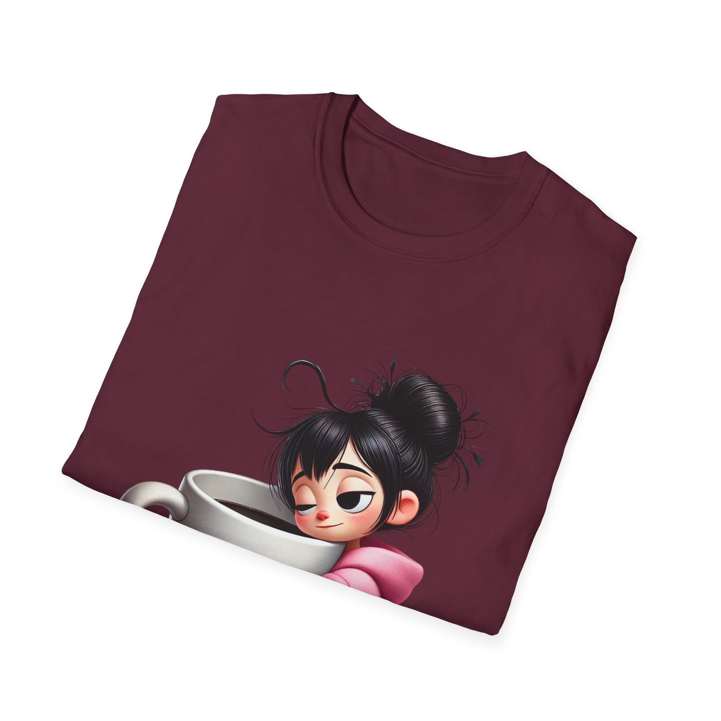Funny Coffee T-Shirt – Tired Girl Hugging Coffee Cup Graphic Tee | Unisex Soft Cotton