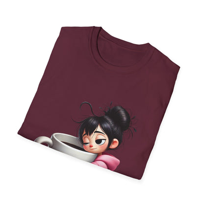 Funny Coffee T-Shirt – Tired Girl Hugging Coffee Cup Graphic Tee | Unisex Soft Cotton