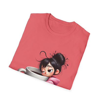 Funny Coffee T-Shirt – Tired Girl Hugging Coffee Cup Graphic Tee | Unisex Soft Cotton