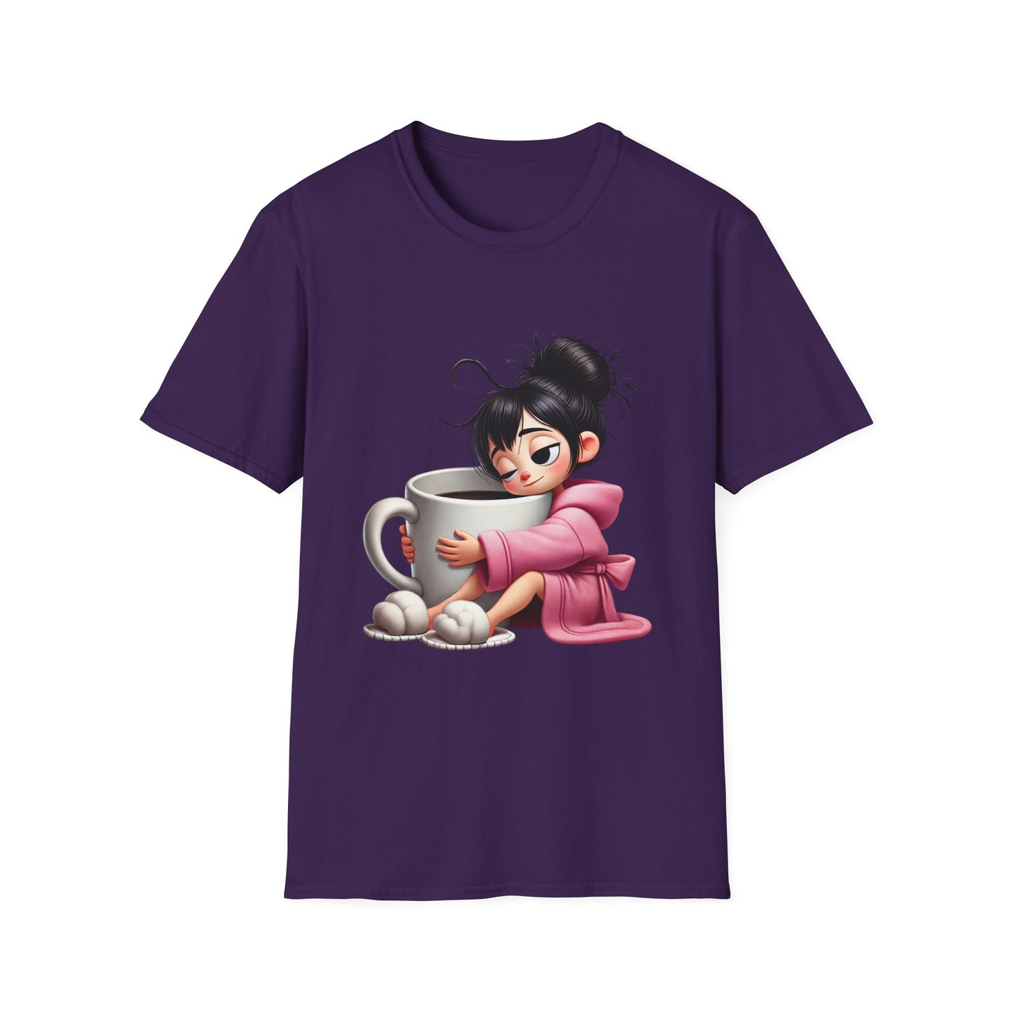 Funny Coffee T-Shirt – Tired Girl Hugging Coffee Cup Graphic Tee | Unisex Soft Cotton