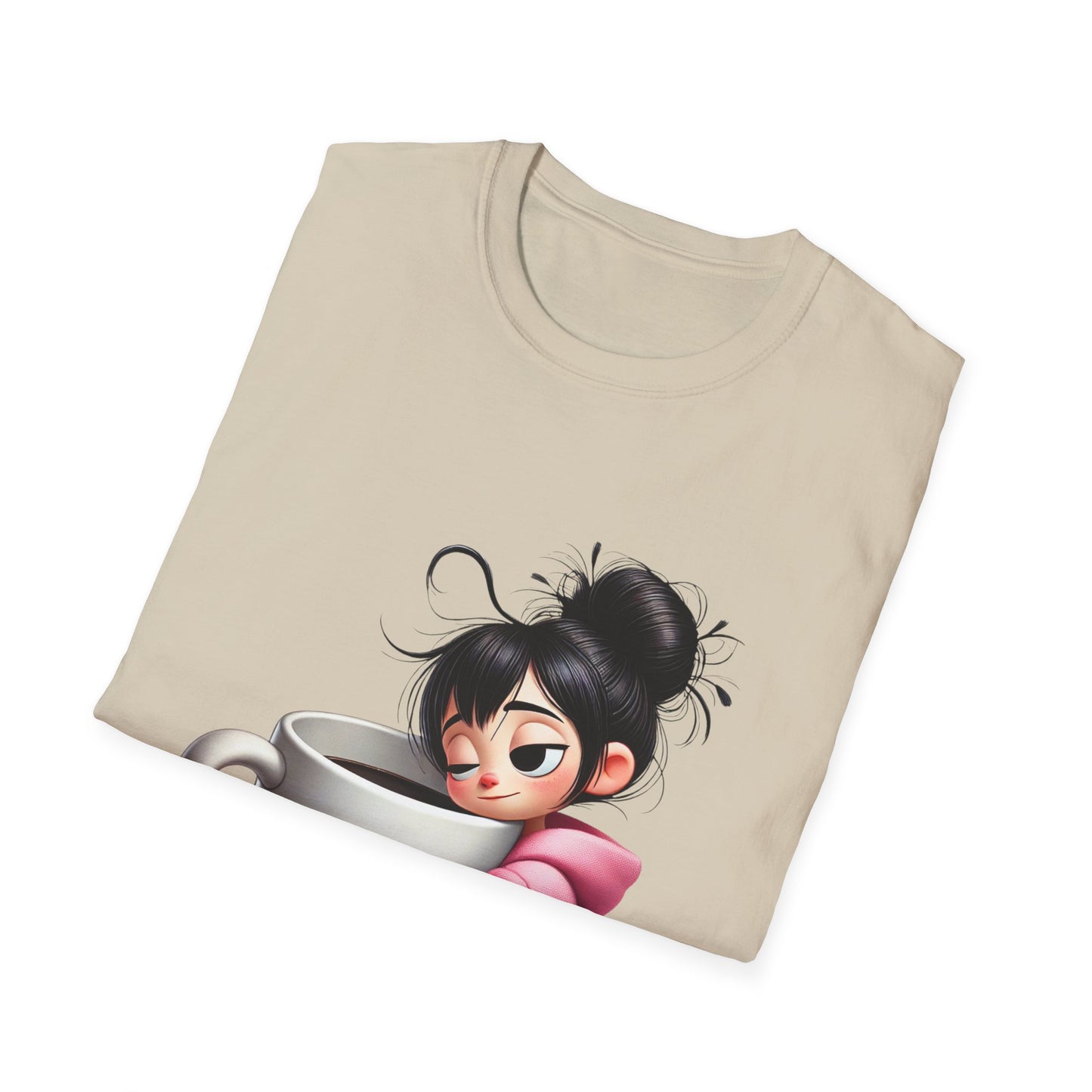 Funny Coffee T-Shirt – Tired Girl Hugging Coffee Cup Graphic Tee | Unisex Soft Cotton