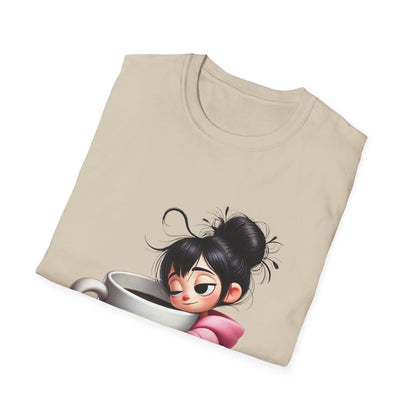Funny Coffee T-Shirt – Tired Girl Hugging Coffee Cup Graphic Tee | Unisex Soft Cotton